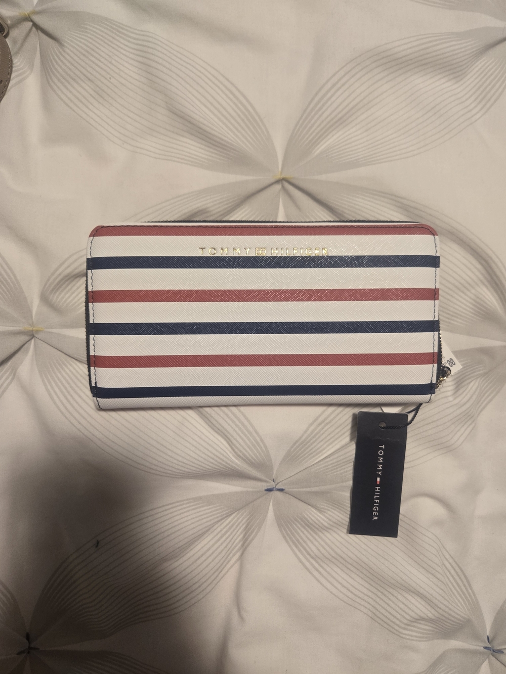 Tommy Hilfiger Striped Zip-Around Wallet in White, Red & Navy